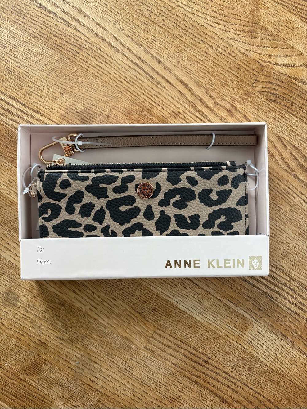 Anne Klein Leopard Print Wristlet in Taupe and Black with Gold Accent